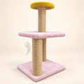 Pink cat tree with sisal posts and hanging white feather