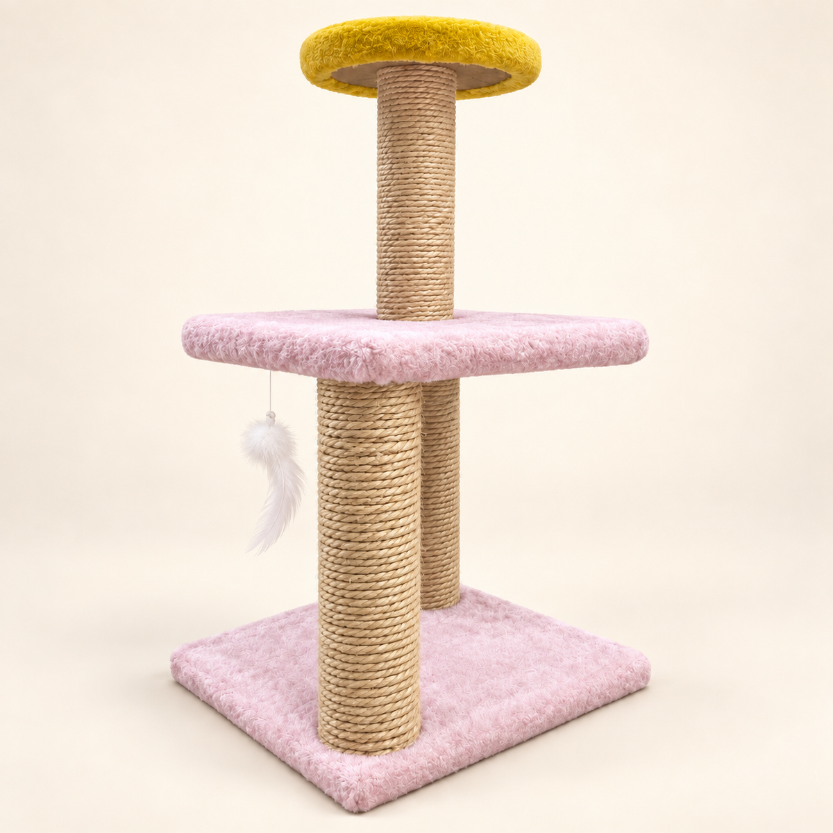 Pink cat tree with sisal posts and hanging white feather